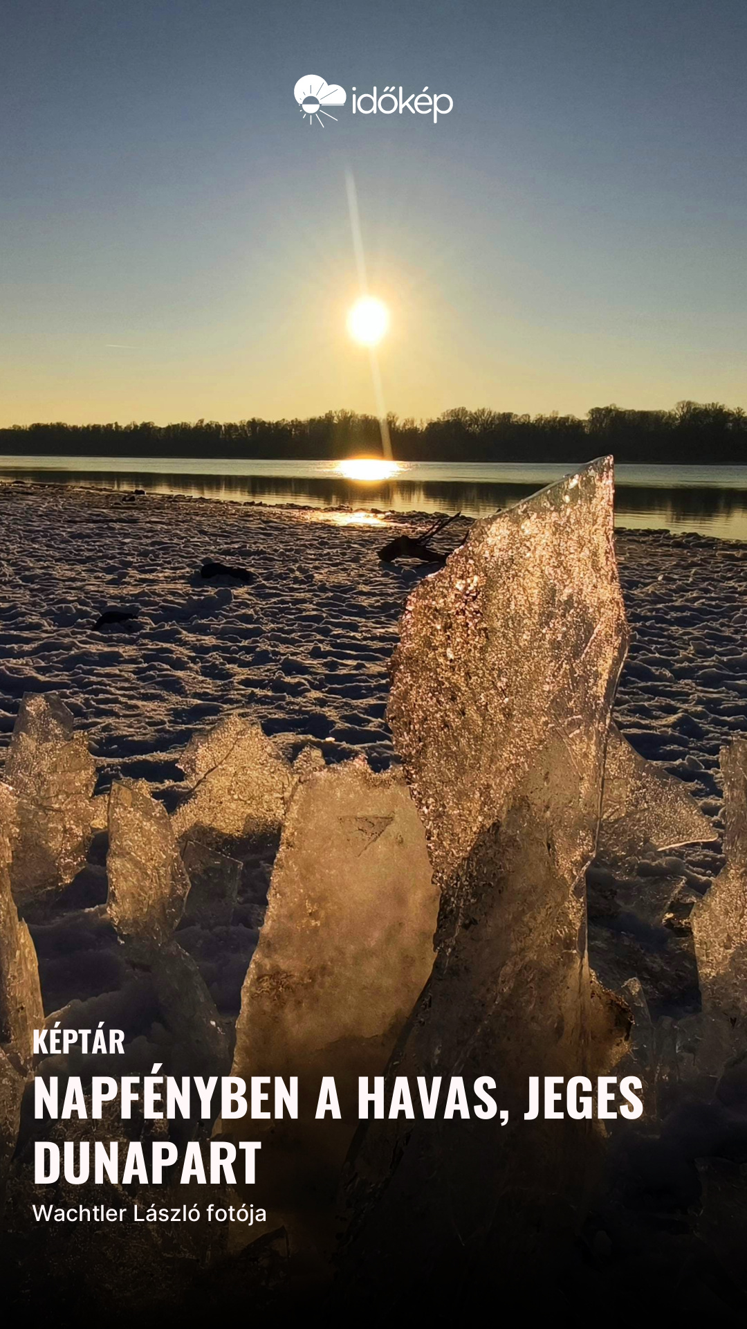 Napfényben a havas, jeges Dunapart