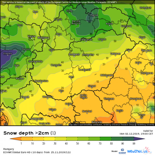 Hétfőre 2 cm-t meghaladó hó esélye