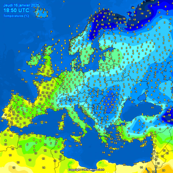 Európa hőtérkép 20200116.