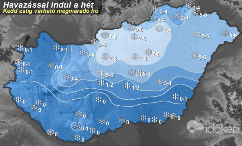 Kedd estig várható hómennyiség