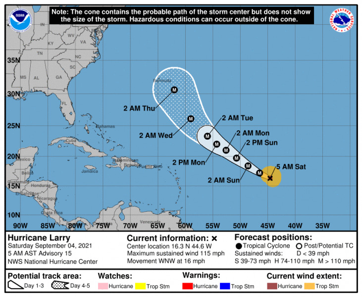 Larry várható pályája (Forrás: NHC)