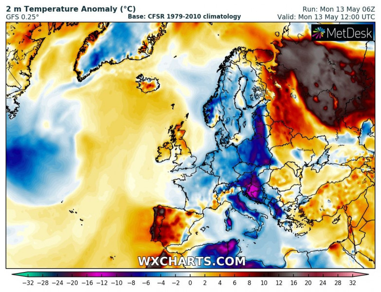 2 méteres hőmérsékleti anomália térkép Forrás: wxcharts.eu