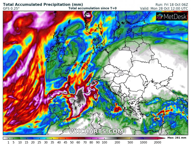 A következő 10 nap csapadékösszege (Forrás: WXCharts.com)