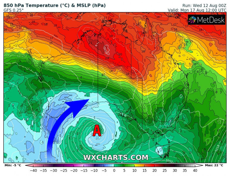 Hidegbetörés Ausztráliában (Forrás: WXCharts.com)