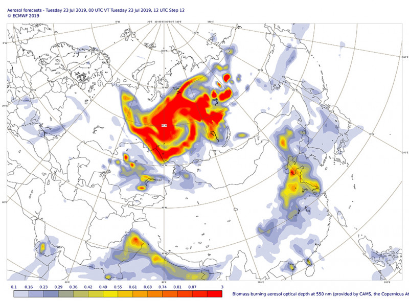 Az égő erdőkből származó aeroszol optikai mélysége (Forrás: Copernicus)