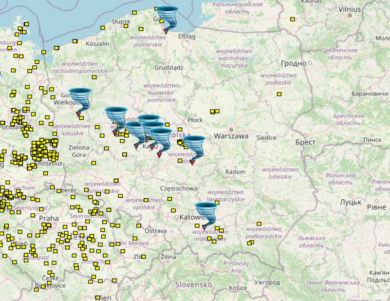 9 tornádó egy nap alatt Lengyelországban (Forrás: ESWD)