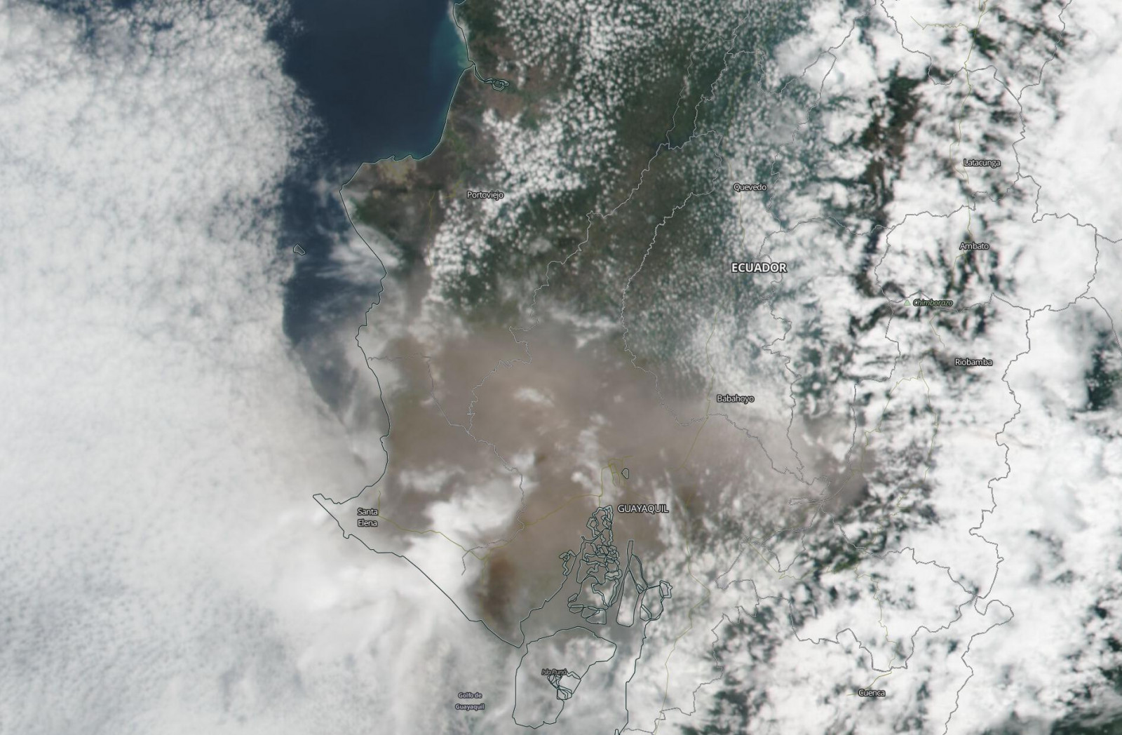 Hamufelhő Ecuadorban (Műholdkép: NASA)