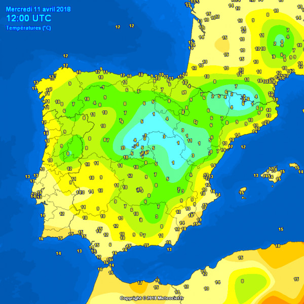 Hőméréskleti értékek Spanyolországban április 11-én (Forrás: Meteociel)