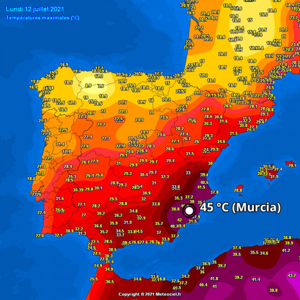 Hétfői tmax Spanyolországban (Forrás: Meteociel.fr)