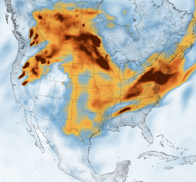 Az erdőtüzek füstjéből származó korom koncentrációja az USA-ban (Forrás: NASA)