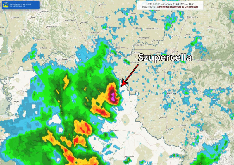 Radarkép a vajdasági szupercelláról (Forrás: Meteoromania.ro)