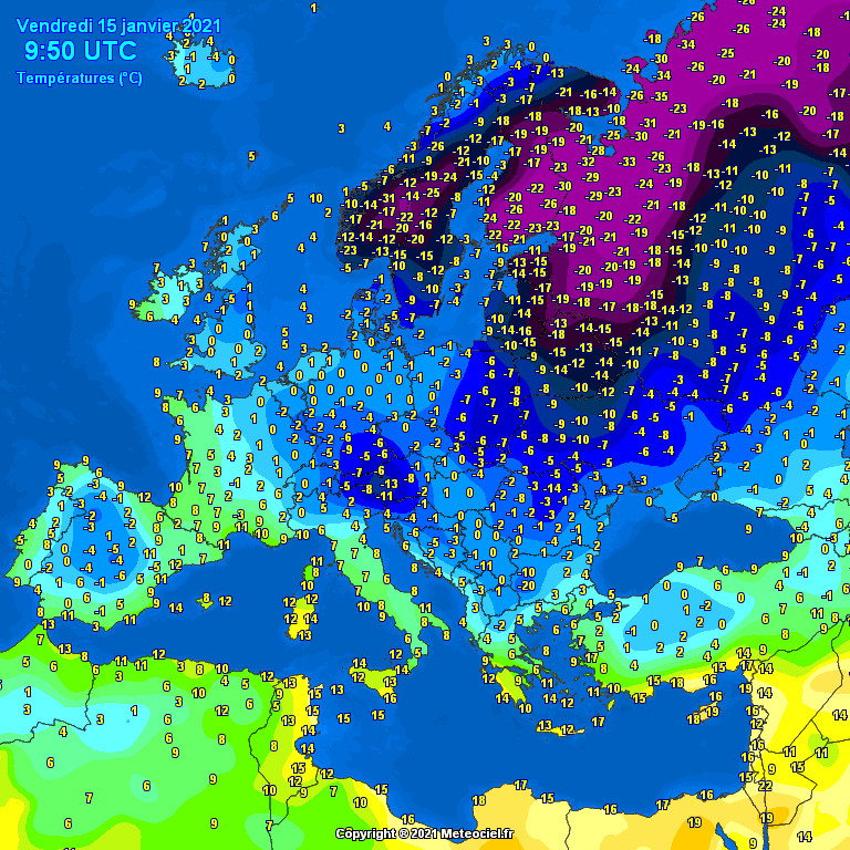 Szibériai hideg Európa északkeleti részén (Forrás: Meteociel.fr)