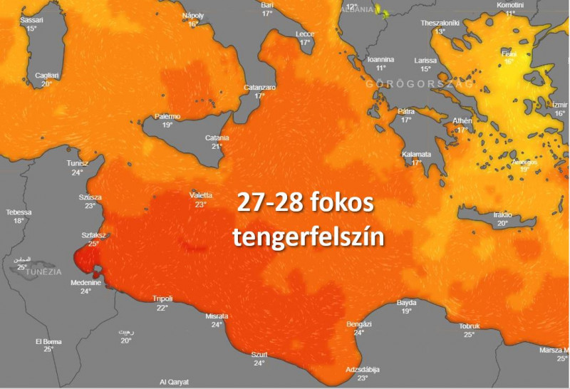 A Földközi-tenger középső medencéjének hőmérséklete (Forrás: Windy.com)