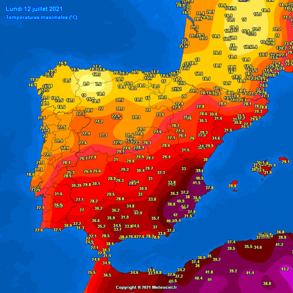 Hétfői tmax Spanyolországban (Forrás: Meteociel.fr)