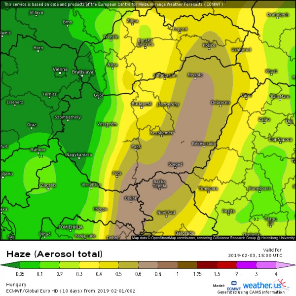 Porra vonatkozó optikai mélység előrejelzés. Forrás: Weather.us