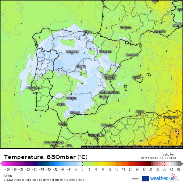 Fagypont alatti 850-en Spanyolország felett (Forrás: Weather.us)