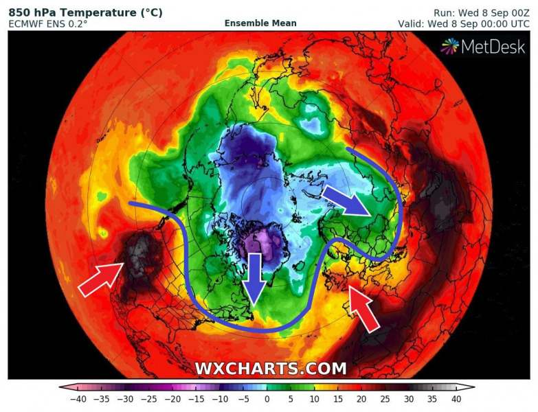 Meleg és hideg légtömegek az északi féltekén - Forrás: WXCharts