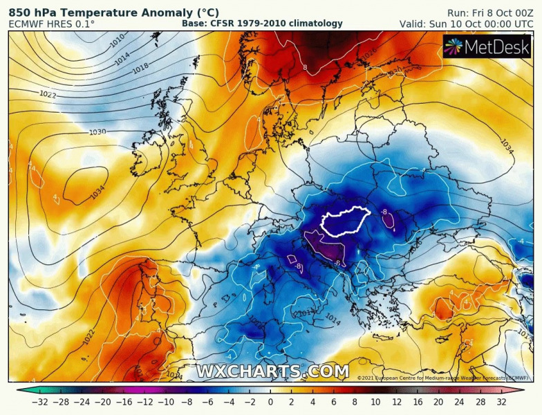 850 hPa hőmérsékleti-anomália előrejelzés Forrás: WXCHARTS