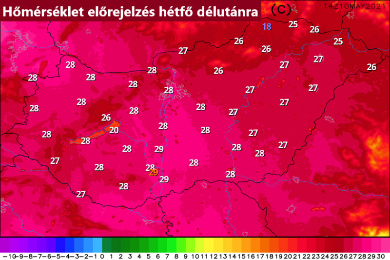 Hétfőn várható hőmérsékletek (WRF)