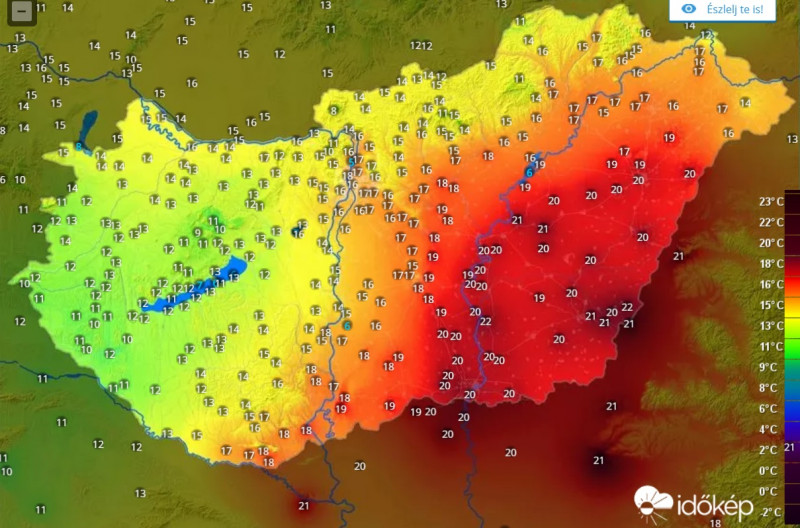 Hőtérképünk szombat délután pár perccel 14 óra előtt
