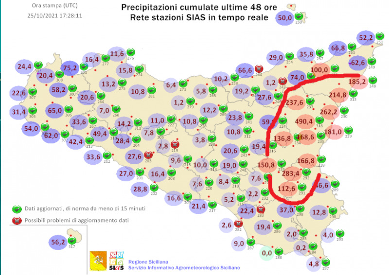 48 órás csapadékösszeg Szicíliában