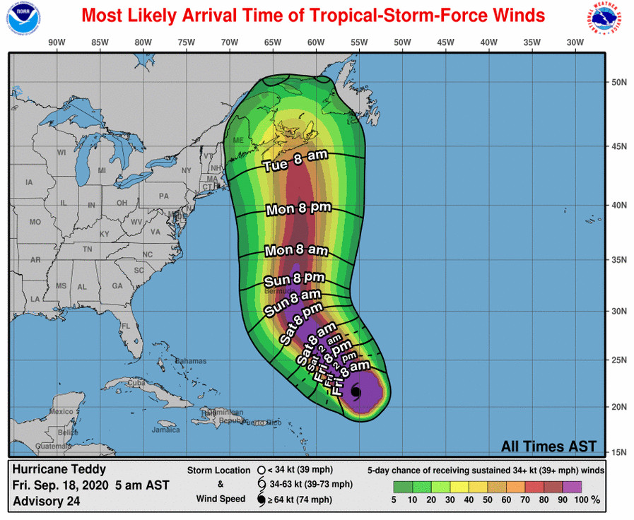 Teddy hurrikán várható útvonala