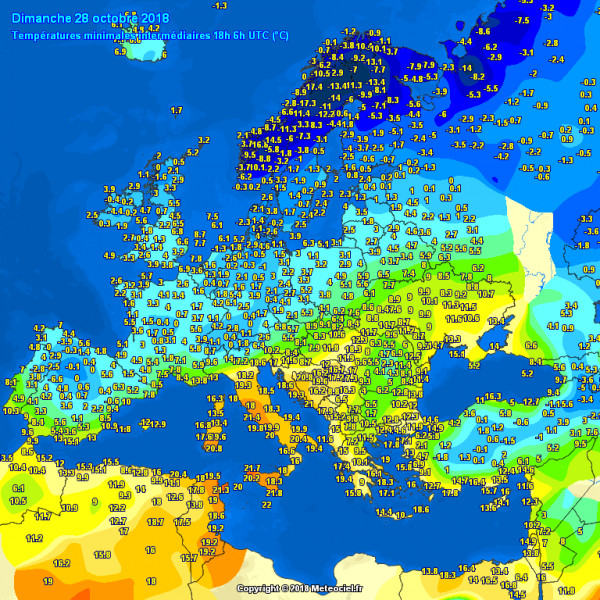 Min. hőmérsékletek Európában október 28-án