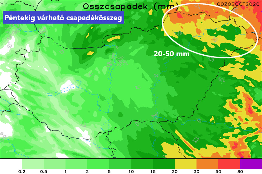 Péntekig várható csapadékösszeg (WRF)