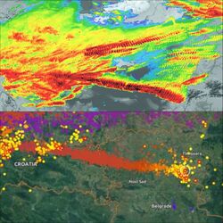 Szupercella útvonala összesített radar- és villámtérképen Szlovéniától Romániáig